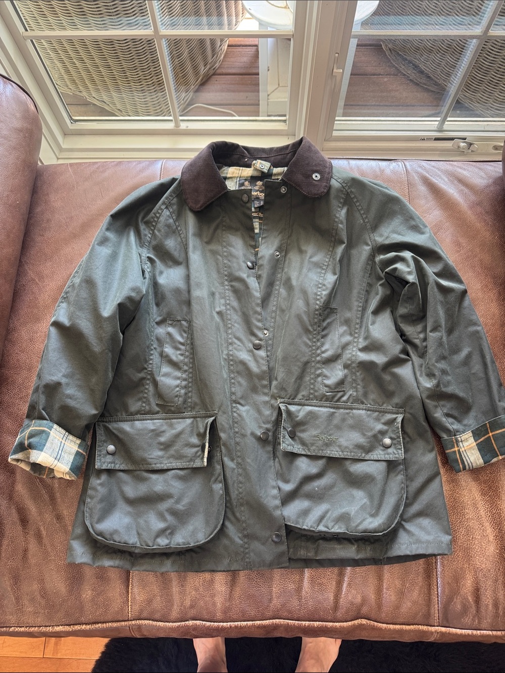 Barbour Olive Green Waxed Field Jacket with Brown Corduroy Collar